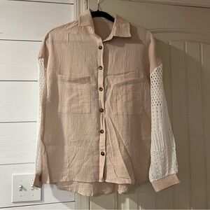 Beige Button-Up Shirt with Crocheted Sleeves